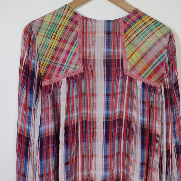 Anthropologie Bl-nk London Miranda Plaid Peasant Blouse Red Blue Medium Boho - Picture 3 of 12
